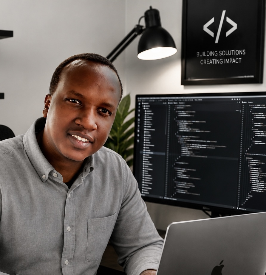 Michael Nseng at his software development workspace